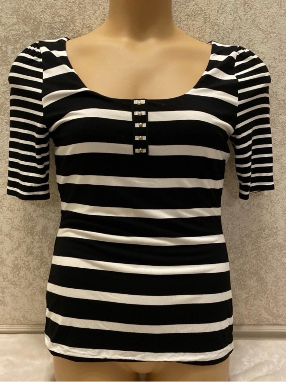 White House Black Market Black and White Striped Short Sleeve Reversible Top